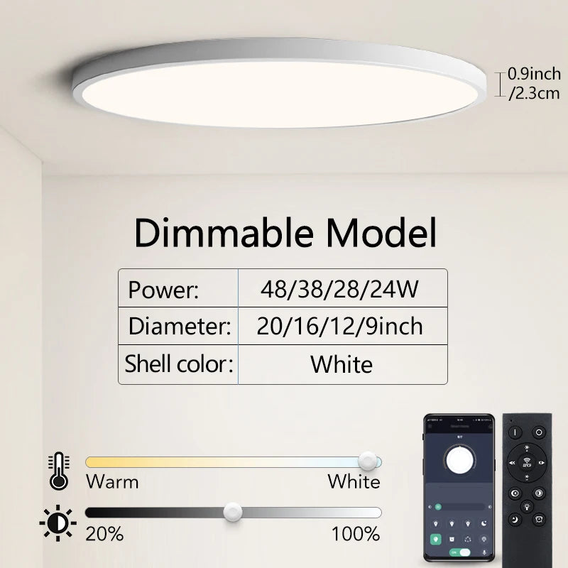 0.9 Inch Ultra-thin Smart LED Ceiling Light Pendant 24W 28W 38W 48W AC85V-265V Indoor Home Decorative Fixtures Remote Control