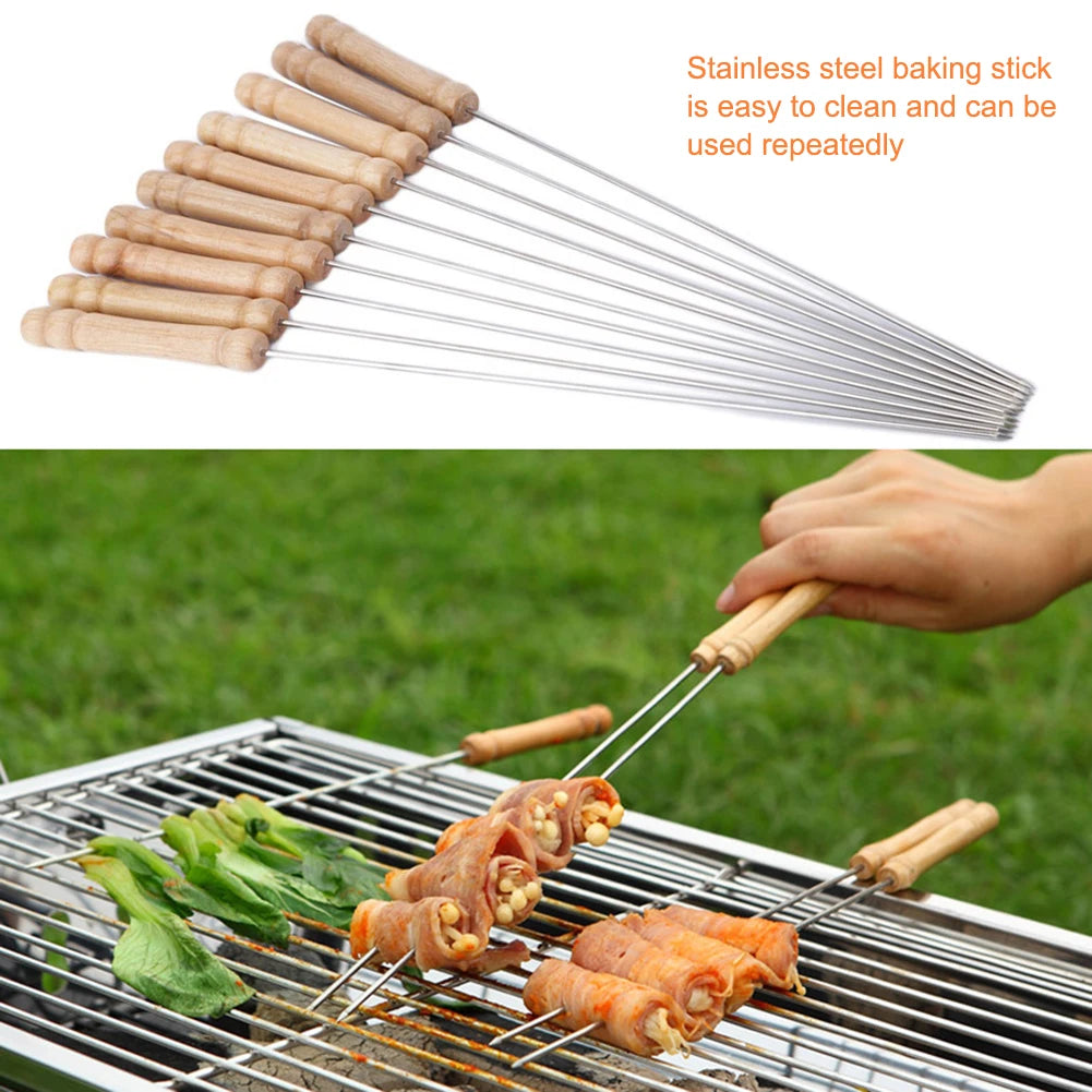 10Pcs Barbecue Skewer Reusable 8 Inch Shish Kebob Sticks with Wooden Handle for Shish Kebab Chicken Shrimp and Vegetables