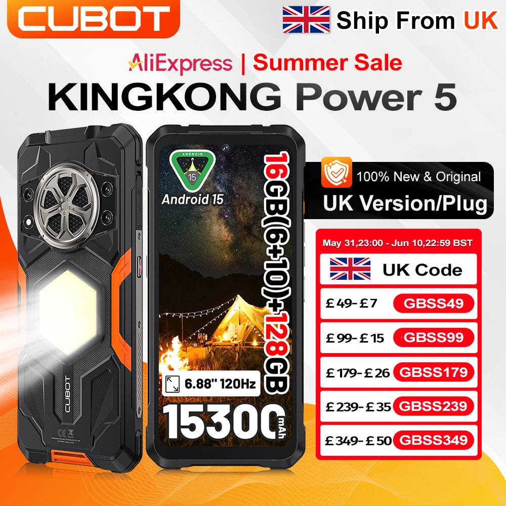 [Ship From UK] CUBOT KingKong Power 5 Android 15 Rugged Smartphone G100 16GB(6+10) 128GB 15300mAh 6.88" 120Hz 64MP Camping Light