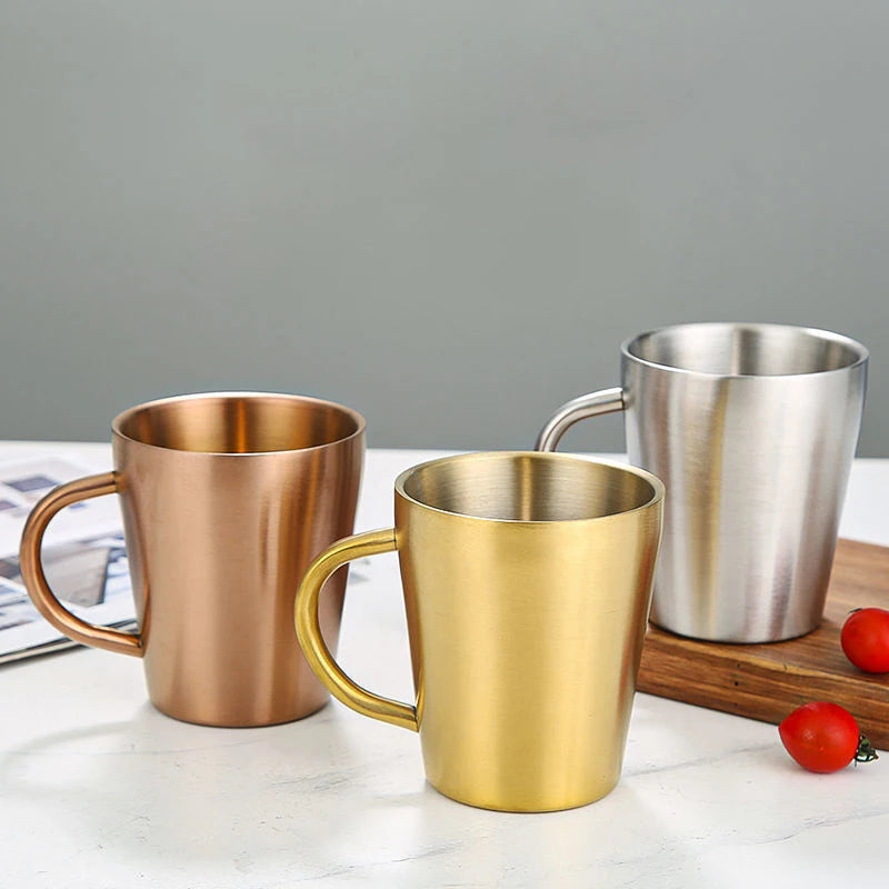 304 Stainless Steel Beer Cup Double-Layer Water Cup Home Dining Drinkware Mugs Gold Sliver Coffee Mugs With Handle 300ml