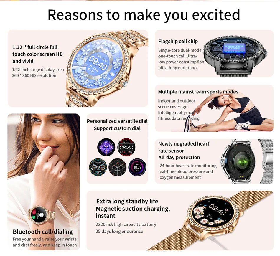 2026 New Fashion Women Diamond Watch 1.32 inch 360*360 HD Display Heart Rate Blood Oxygen Monitoring Bluetooth Call Smartwatch