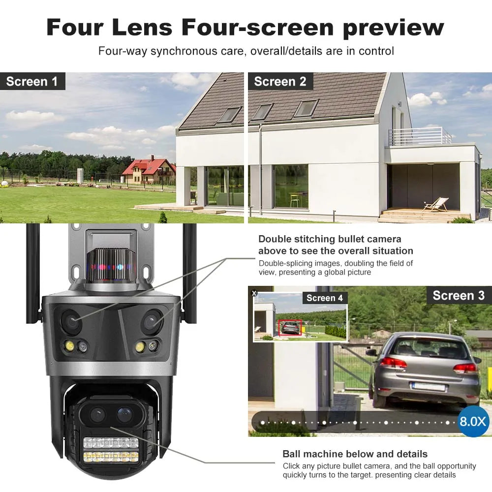 8K 16MP WiFi IP Camera 8X Zoom Four Lens Outdoor PTZ Security Camera Auto Tracking Smart Security Protection CCTV Video Camera