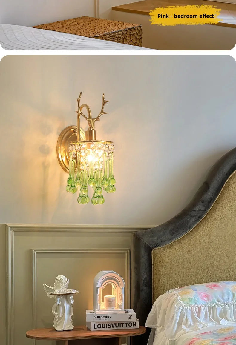 Crystal Wall Lamp - LED American Retro Bedroom Staircase Living Room And Background Wall Light Charging Function Without Wiring