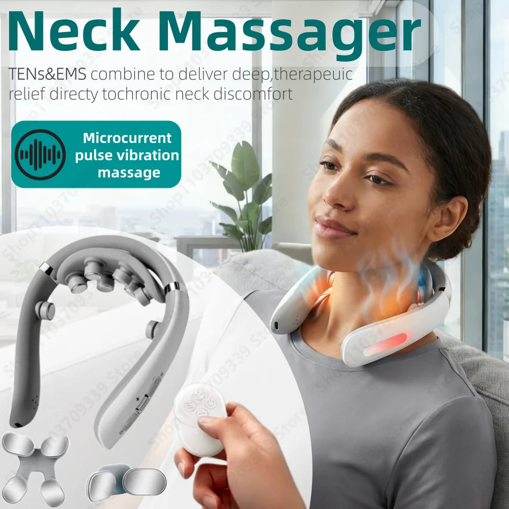 Neck Massager Electric Microcurrent Multi-Head Replaceable Wireless Knead Shiatsu Heating Vibration Cervical Shoulder Massager