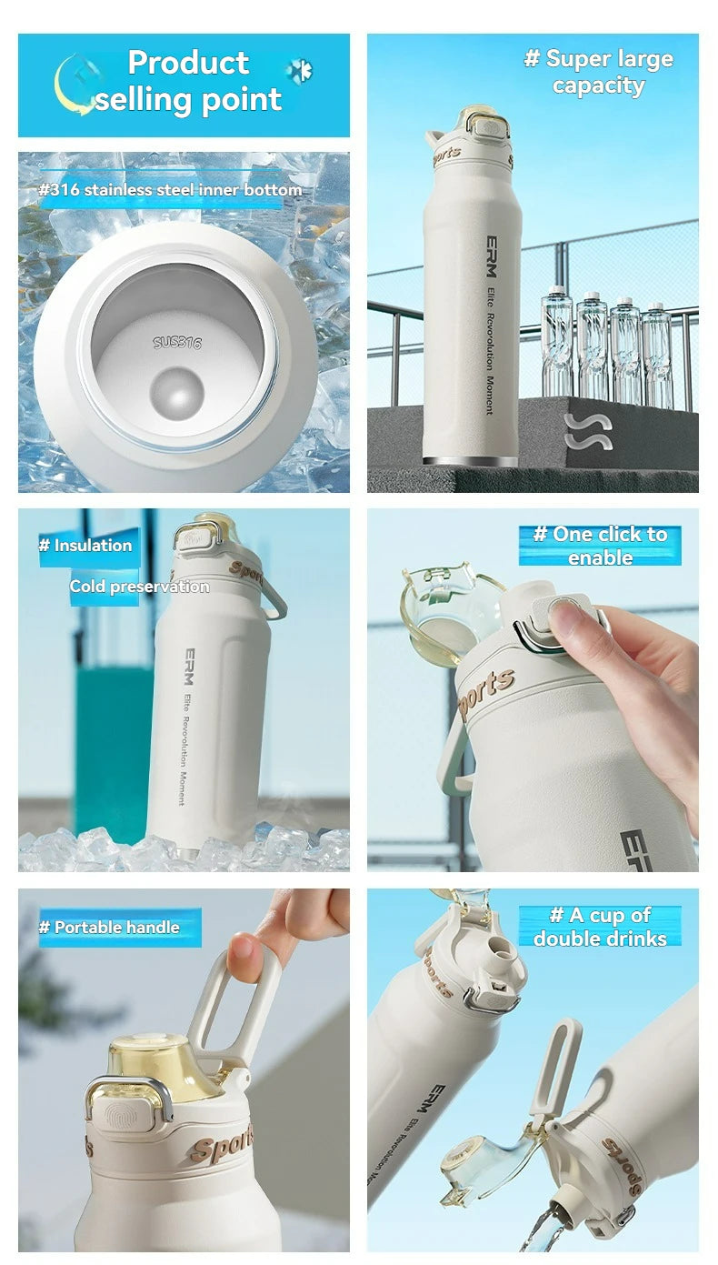 1L Thermos Bottle Stainless Steel Iced And Heat Insulated Cups Hiking Cycling Fitness Vacuum Flasks with Handle
