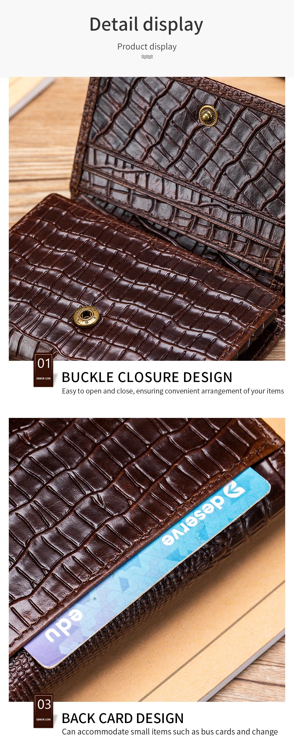 100%Leather men's wallet, leather short multi card bag, leather men's wallet, crocodile patterned wallet
