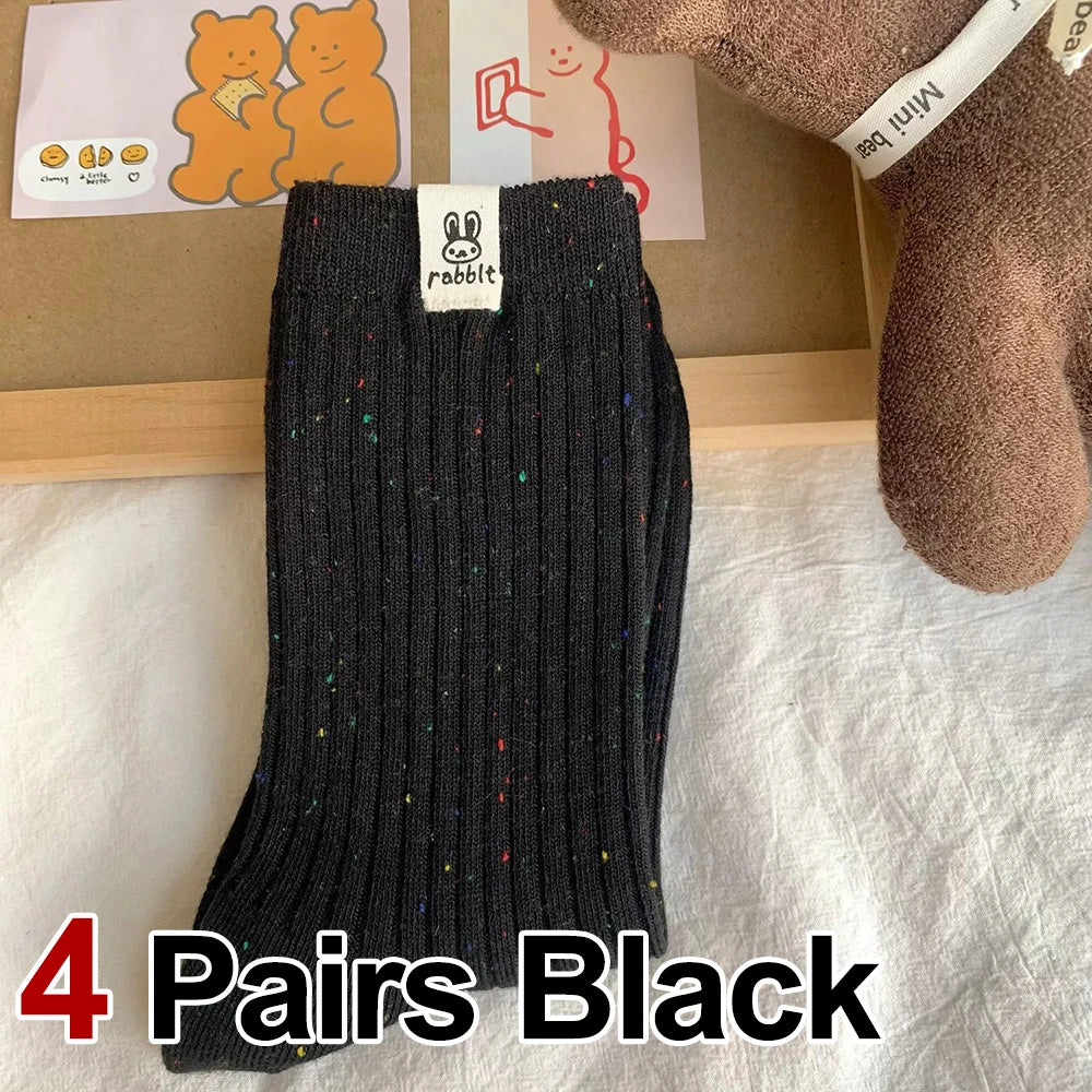 4 Pairs Women Cartoon Print Mid Tube Socks Fashionable Spring Summer Sweat Absorbing Breathable Soft Comfortable Casual Socks