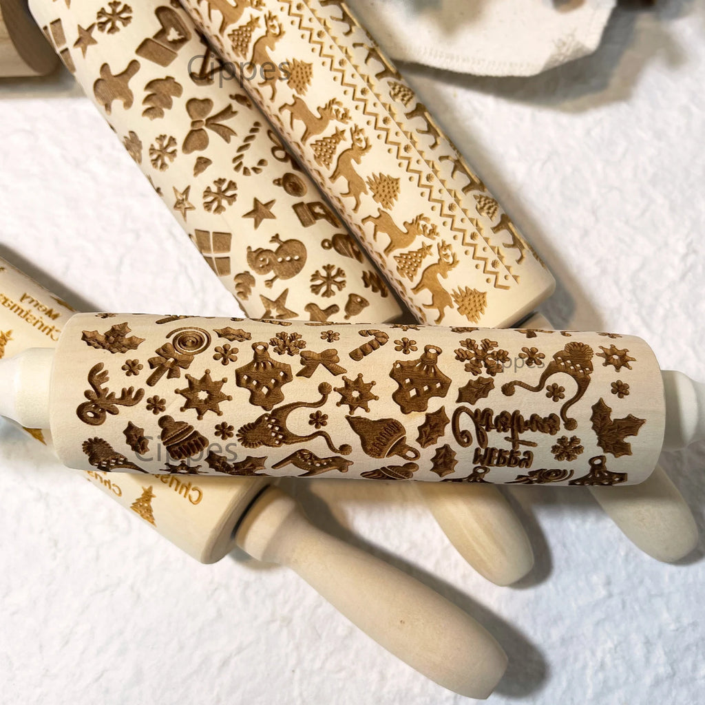 Wooden Rolling Pin for Christmas, 3D DIY Engraved Embossing Rolling Pins with Xmas Reindeer Flower Pattern, for Baking Cookies