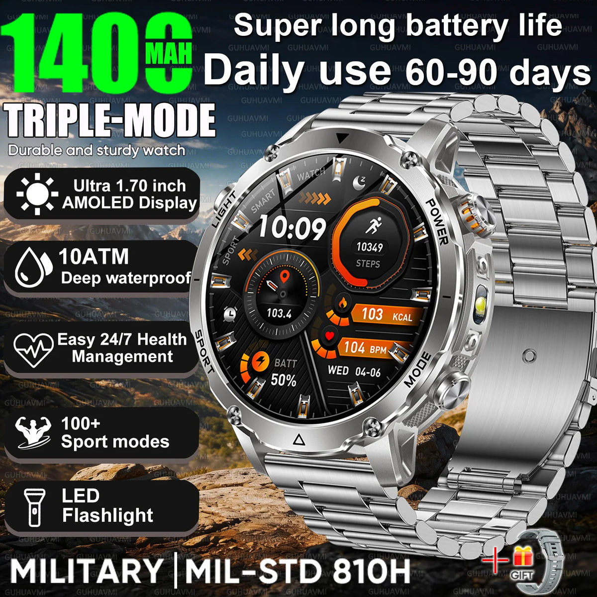 2026 Hot New 1400mAh Extra-Large Battery SmartWatch Men Military Outdoor SOS Flashlight  Waterproof Heart Rate Sports Smartwatch