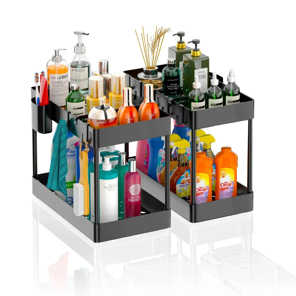 2 Tier Under Sink Sliding Cabinet Basket Organizer Storage Rack with Hooks Hanging Cup Bathroom Multifunctional Storage Rack