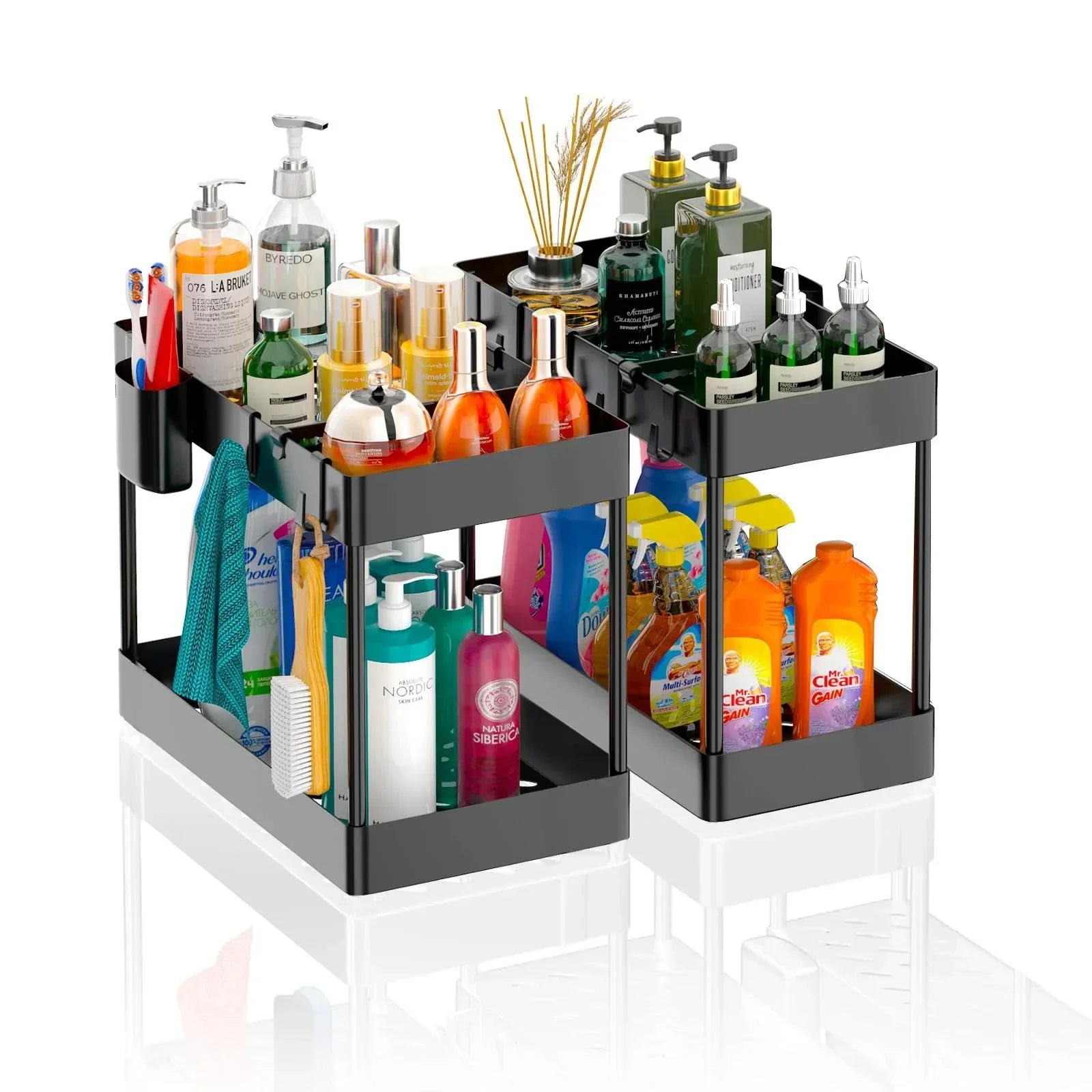 2 Tier Under Sink Sliding Cabinet Basket Organizer Storage Rack with Hooks Hanging Cup Bathroom Multifunctional Storage Rack