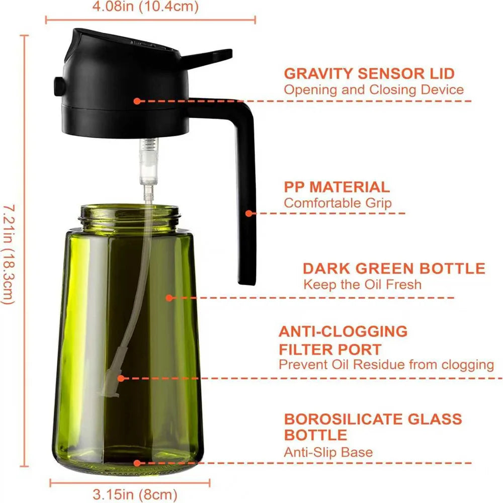 Olive Oil Dispenser,Sprayer for Cooking 2 in 1- Spray and Pour,Dark Green Glass Oil Bottlewith Stickers,16oz/470ml Oil Sprayer