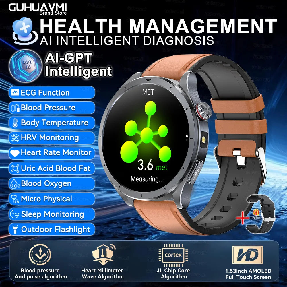 2026 New Body Fat Analysis Health Smart Watch ECG+PPG Uric Acid Blood Pressure Blood Oxygen Clock Call Smart Watch For Men Women