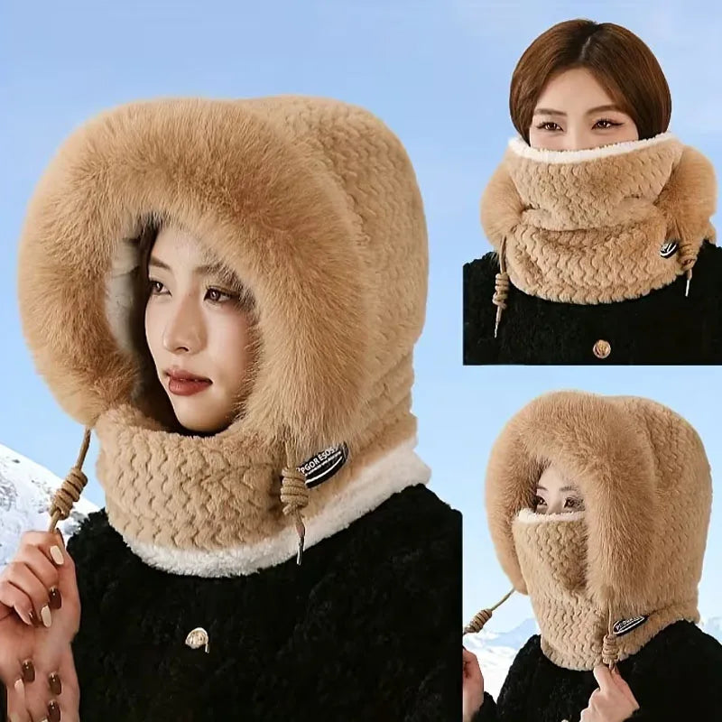 Autumn and Winter Women Thermal Plush Hat Hood Scarf and Mask Ear Protection Windproof Thick Design for Riding Outdoor