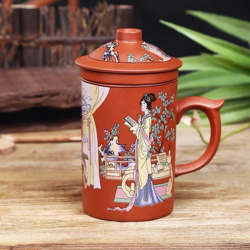 Handmade Dragon Beauty Purple Clay Tea Mug with Lid and Infuser, Ceramic Water Mug, Handmade Drinkware, Office Teacup