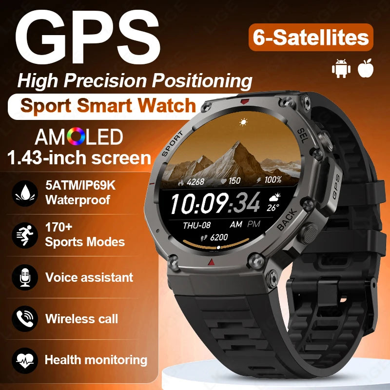 LIGE 2026 GPS Luxury Military Smart Watch 500mAh Men Health Monitor Fitness Clock Sports 5ATM Waterproof Smartwatch Compass New