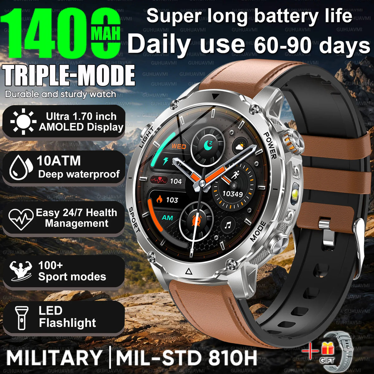 2026 Hot New 1400mAh Extra-Large Battery SmartWatch Men Military Outdoor SOS Flashlight  Waterproof Heart Rate Sports Smartwatch