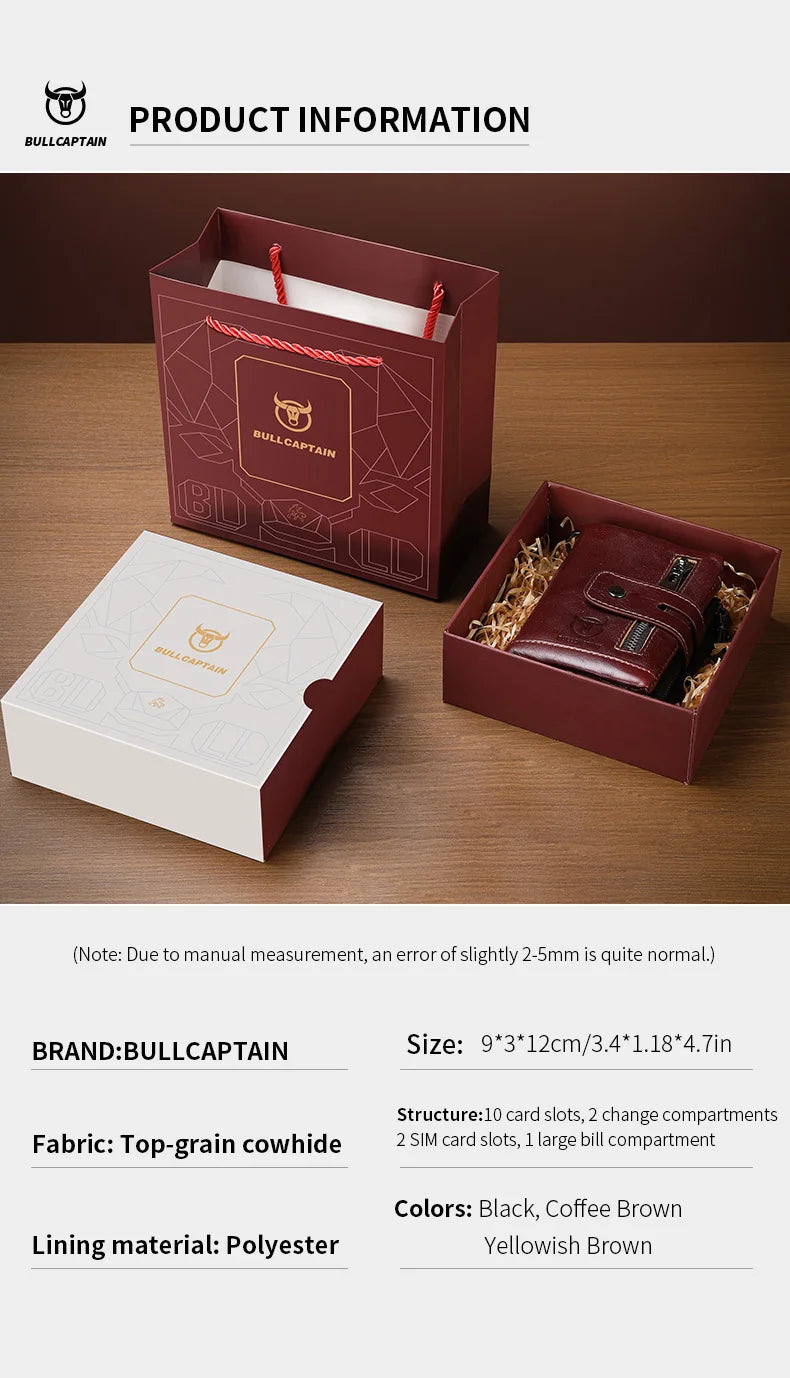 Bullcaptain Genuine Leather Men's Wallet Fashion Quality Travel Purse Rfid Protect Credit Card Holder Wollst for Men with Chain