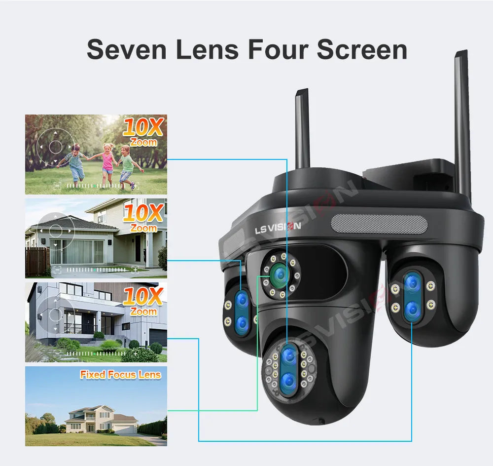 LS VISION 4 Screens 10X Zoom WiFi IP Camera 7Lens 35MP Outdoor Surveillance Camera 360 PTZ Auto Tracking Waterproof CCTV Cameras