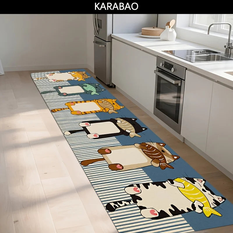 Cute Cartoon Cats & Fish Print Runner Rug, Non-Slip Washable Durable Mat for Kitchen, Laundry Room, Entryway & Kids Room