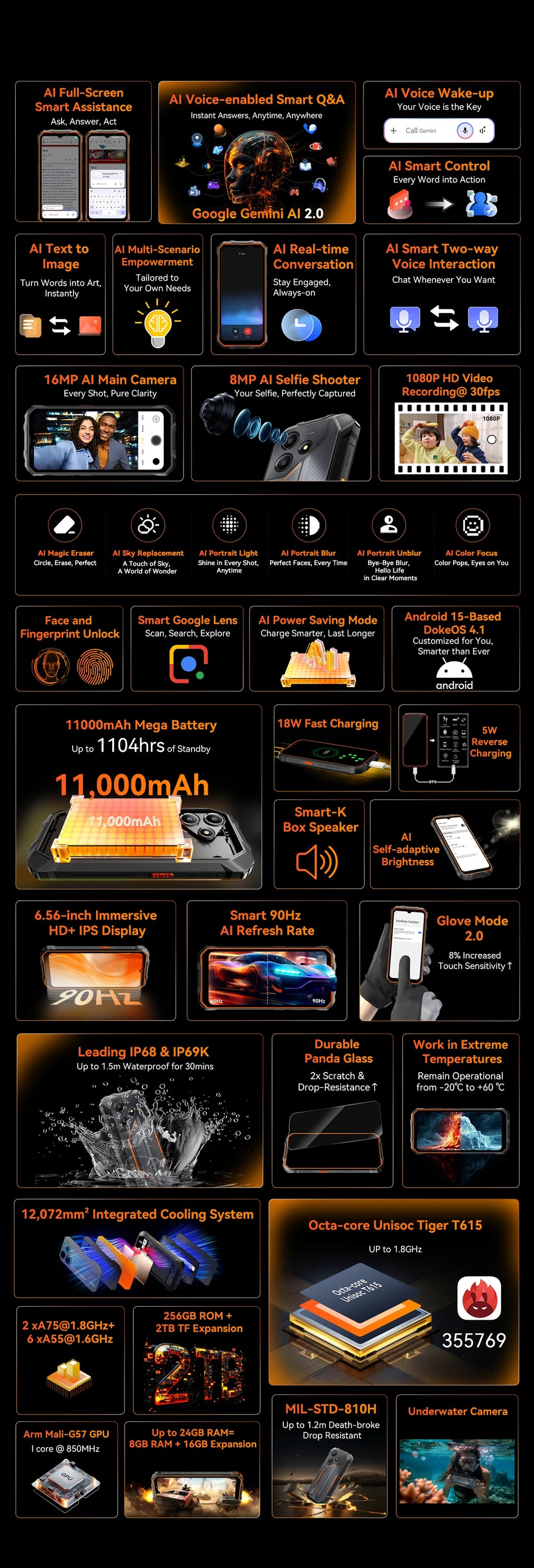 OSCAL Marine 2 AI Outdoor Mobile Phone, 6.56 Inch Rugged Smartphone Android 15, 8+16GB RAM, 256GB+2TB ROM 11000mAh, Unisoc T615