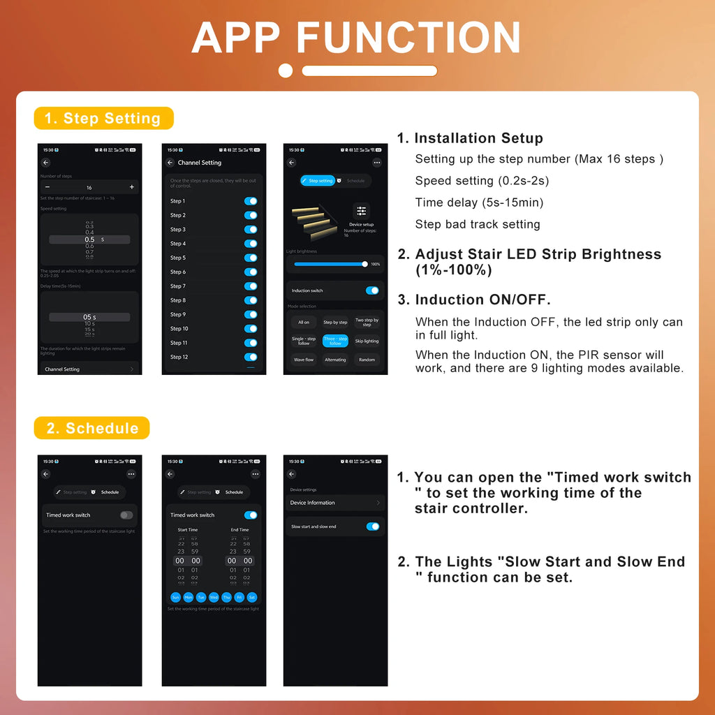 Intelligent Motion Sensor Stair Light Kit, Smart Bluetooth APP Remote Control, Dynamic & Constant Lighting for Indoor Staircase