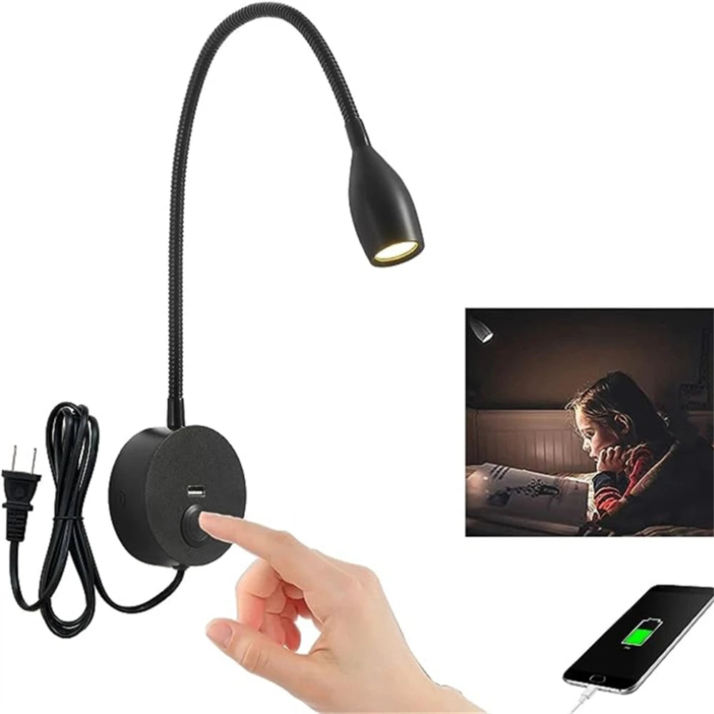 Tokili LED Golden Wall Lamp w/ USB Charger & Touch Dimmer - Bendable Gooseneck Bed Headboard Spotlight Sconce for Reading Lights