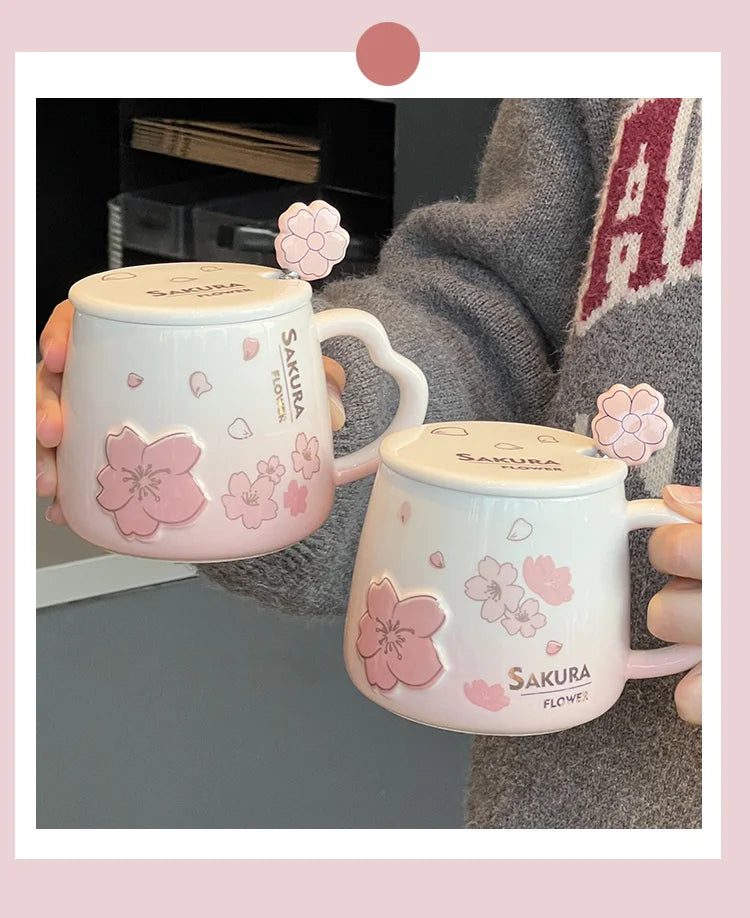 New High Beauty Mug with Lid Spoon Sakura Powder Household Lovely Breakfast Lovers Milk Coffee Mug Ceramic Mug