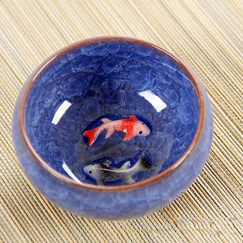 Chinese Porcelain Teacup Sets, Ceramic Double Fish China Tea Cup,Kung Fu TeaCup Set, Crackle Glaze, Travel Tea Bowl