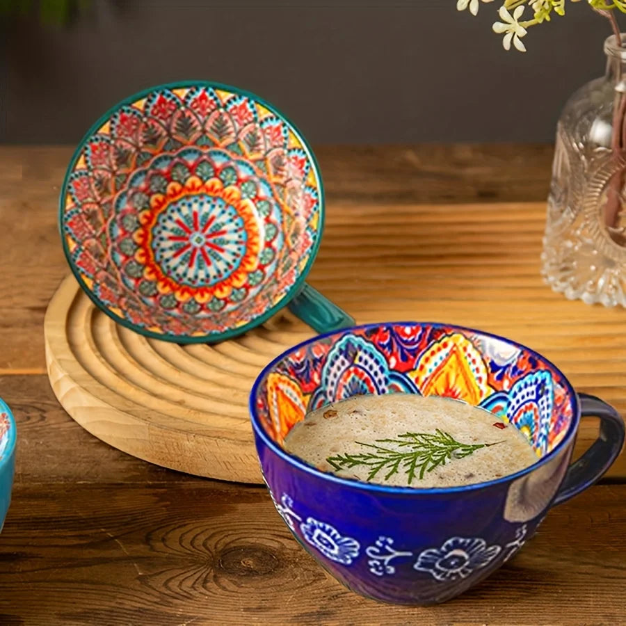 1pc 450ml/15oz Bohemian Ceramic Coffee Mug, Boho Style Underglaze Ceramic Breakfast Cup Multicolor Porcelain Cup for Matcha Latt