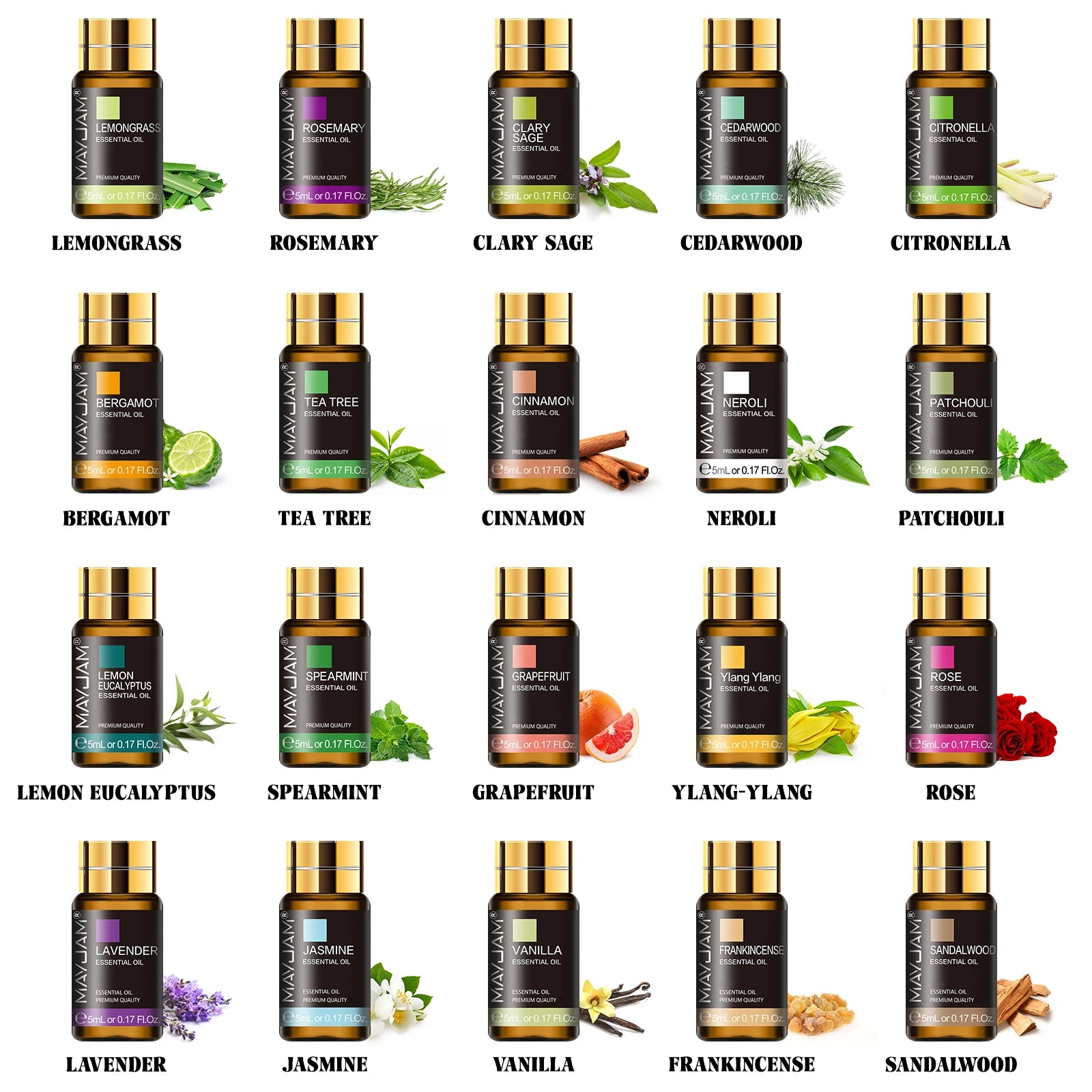 MAYJAM 20 Bottles Natural Essential Oils Set Gift Sandalwood Patchouli Jasmine Spearmint Ylang Ylang Rosemary Clary Sage Tea tree Cinnamon Lavender Vanilla Grapefruit for Aromatherapy Reed Diffuser