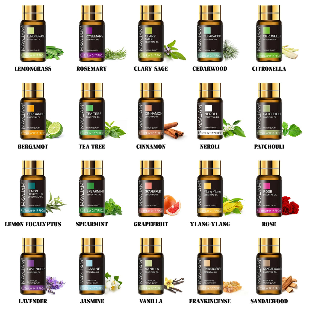 MAYJAM 20 Bottles Natural Essential Oils Set Gift Sandalwood Patchouli Jasmine Spearmint Ylang Ylang Rosemary Clary Sage Tea tree Cinnamon Lavender Vanilla Grapefruit for Aromatherapy Reed Diffuser