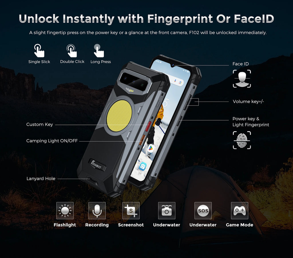 FOSSIBOT F102 Rugged 20GB+256GB 16500mAH Android 13,6.58 FHD, Camping Light  Waterproof, NFC 108MP,Helio G99 33W Fast Charging
