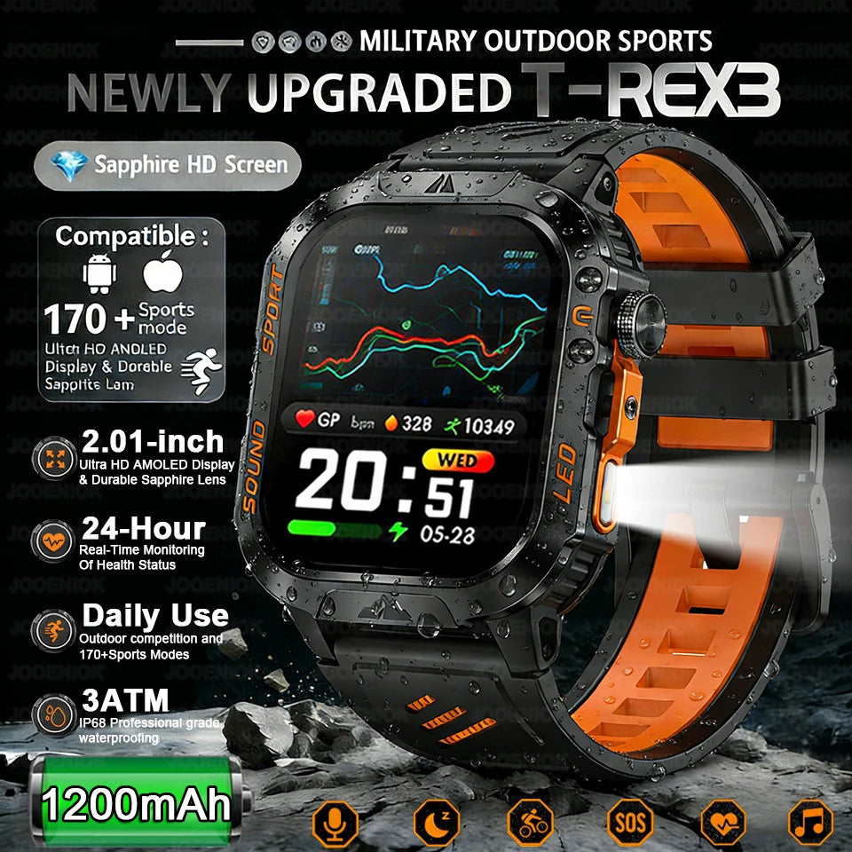 2026 New Outdoor Military Smart Watch 1200mAh Battery GPS HD Call Health Monitoring 2.01-inch Waterproof Sports Smartwatch Men