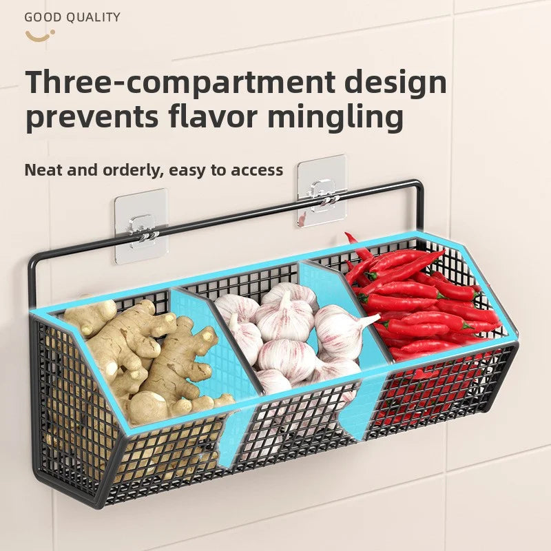 AOBT Wall-Mounted Green Onion Ginger Garlic Storage Rack Punch-Free Kitchen Multi-Functional Basket Organizer for Spices Herbs