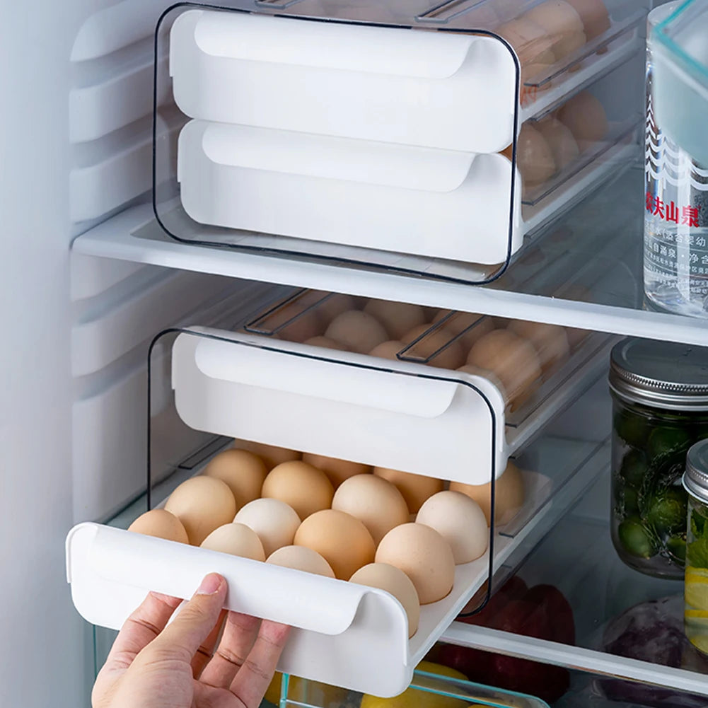 Double-Layer Egg Storage Drawer Box, Holds 32 Eggs, Transparent Body, Easy Access, White