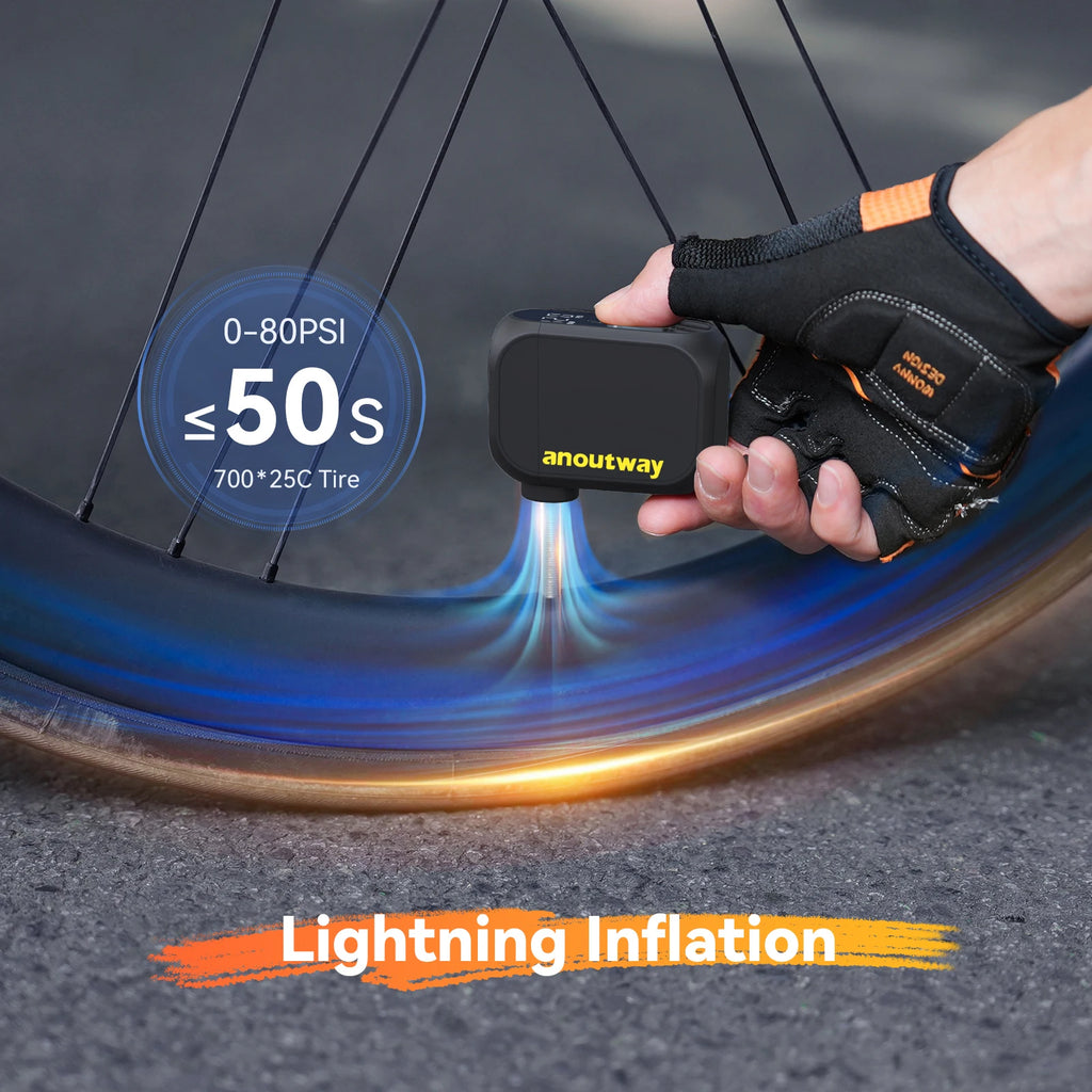 anoutway AT1 Pro Mini Electric pump for Bike Cordless Tire Inflator with Screen 25 Mins Fast Charging 120PSI Max 450mAh Battery