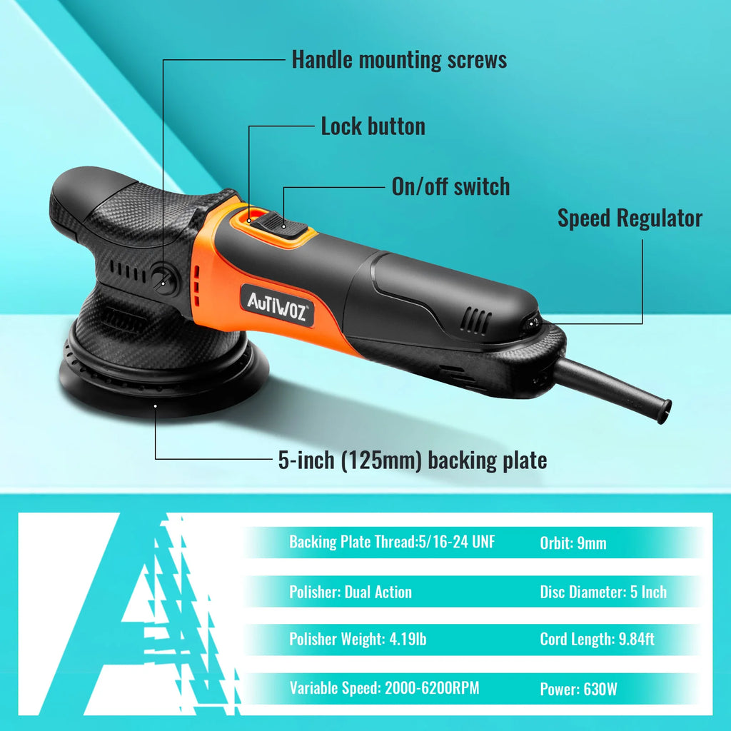 AUTIWOZ W01 630W Dual Action Car Polisher 125mm/5" Random Orbital Buffer 6 Speed DA Polishing Machine Waxing Kit For Auto Paint