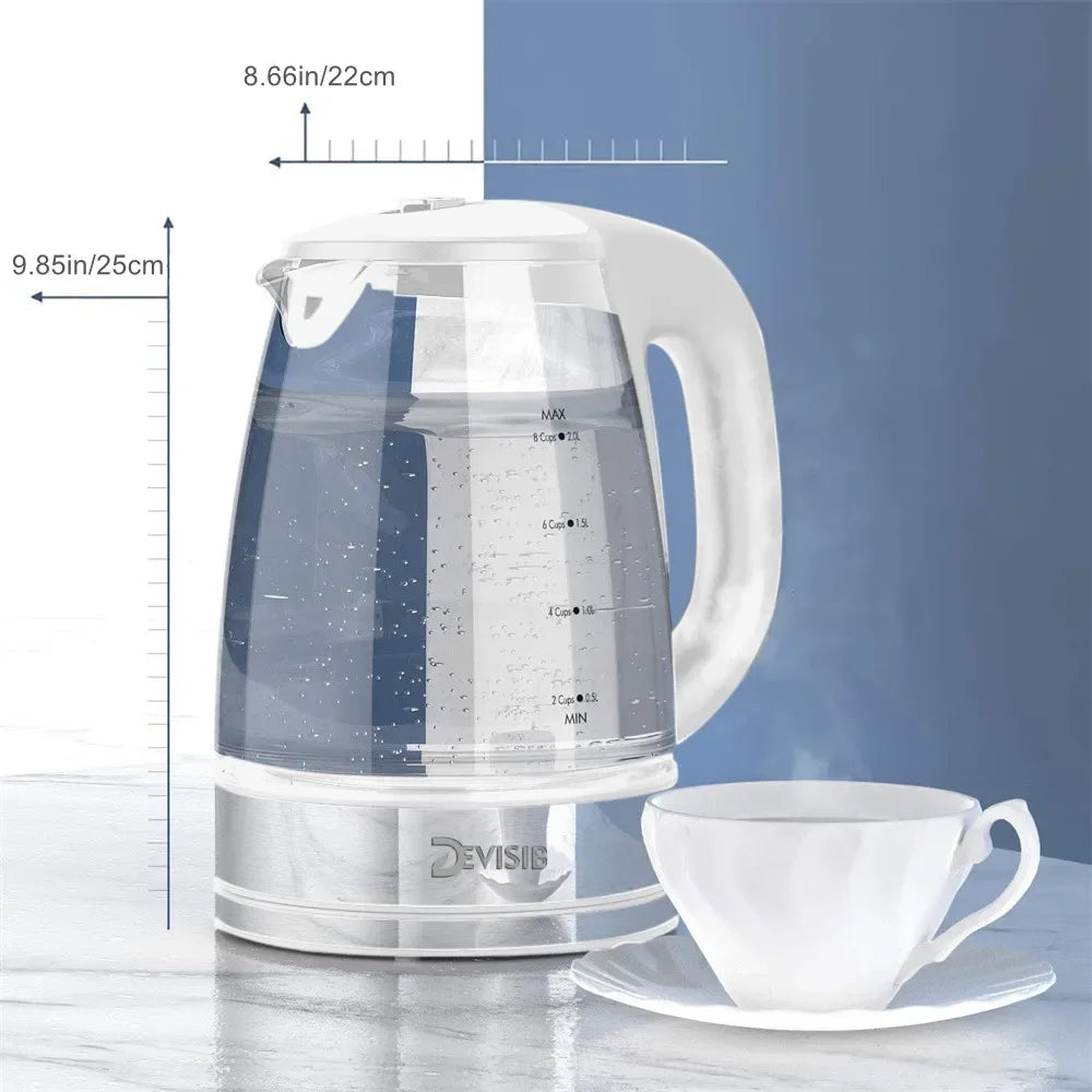 DEVISIB Electric Glass Kettle, 2200W Fast Boiling, Temperature Control, 4-Hour Keep Warm, 2.0L Tea Kettle & Hot Water Boiler
