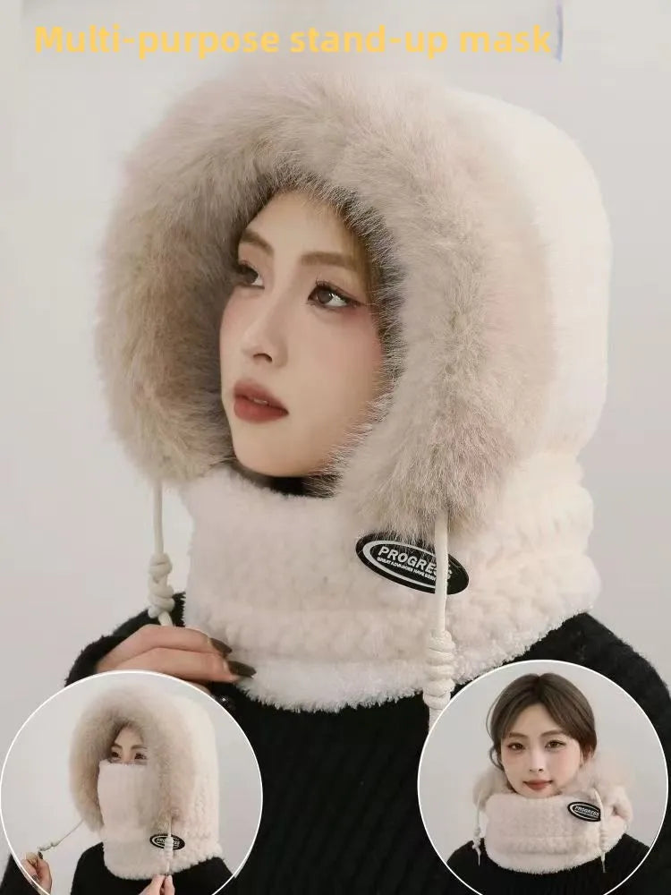 Autumn and Winter Women Thermal Plush Hat Hood Scarf and Mask Ear Protection Windproof Thick Design for Riding Outdoor