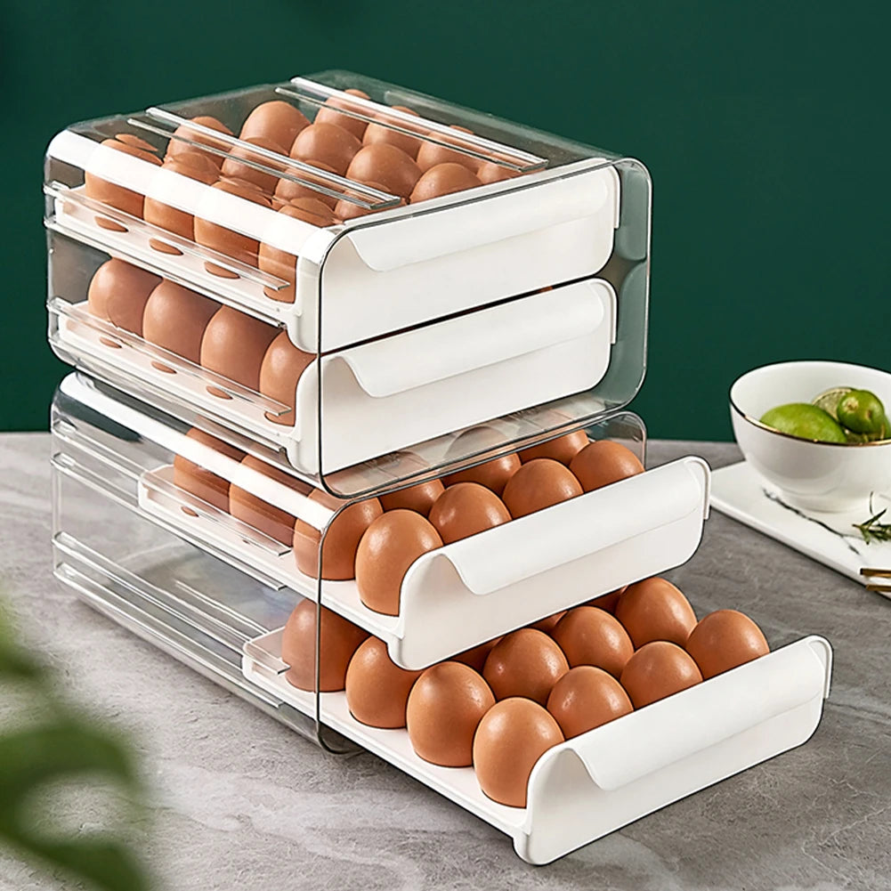 Double-Layer Egg Storage Drawer Box, Holds 32 Eggs, Transparent Body, Easy Access, White