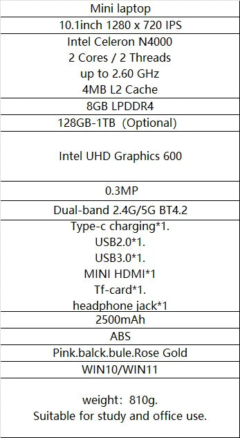 Factory price 10.1Inch Portable Laptop kids Mini PC Ultra Thin Notebook with Intel N4000 8GB RAM / 128GB Storage with Win 11 OS