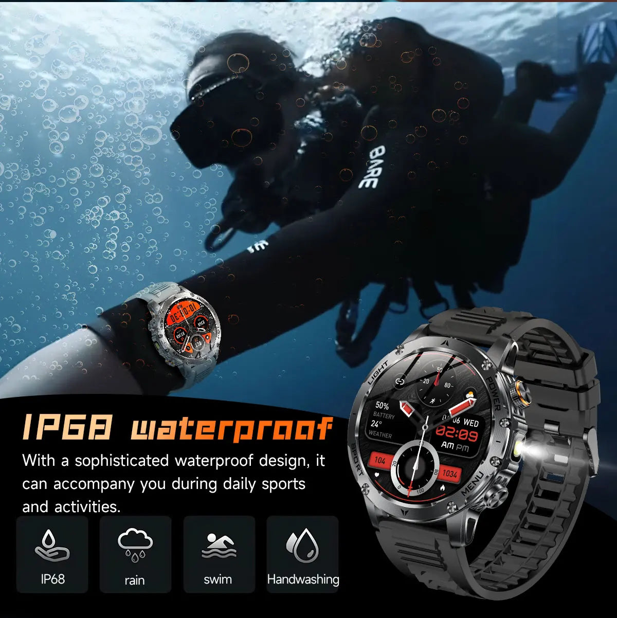 2026 New Military Smart Watch 1000Mah Battery Fitness Tracking 10ATM Waterproof Tactics Sport Flashlight call Bracelet For Men