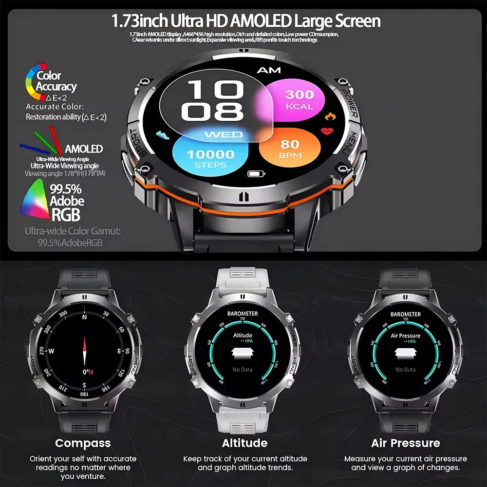 2026 Newly upgraded GPS Military Sports Smart Watch 1000mAh 1.7-inch AMOLED Compass Altimeter Call 10ATM Waterproof Sports Watch
