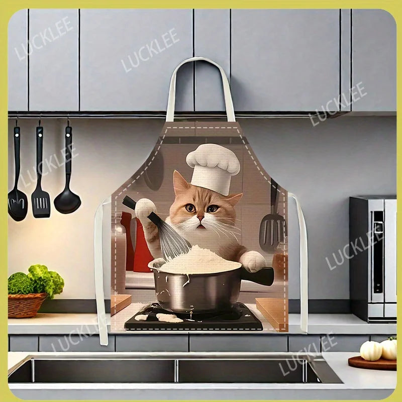 Funny Cat Chef Apron, Realistic Cooking Cat Print Kitchen Bib, Animal Lover Gift, Waterproof Baking Apron for Home & Restaurant