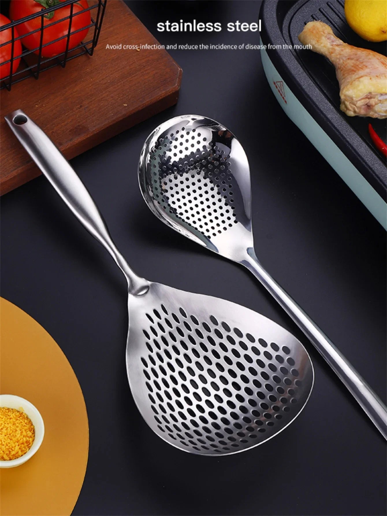 1pc Large Durable Stainless Steel Colander Skimmer Spoon, Heavy Duty Food Strainer Spoon  for Frying & Cooking, Kitchen Utensils