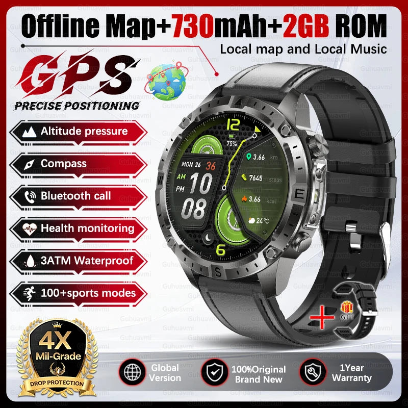 2026 Outdoor GPS Smart Watch Men 2GB ROM Offline Map 730mAh Battery 3ATM Waterproof Compass Altimeter Health Monitor Smartwatch