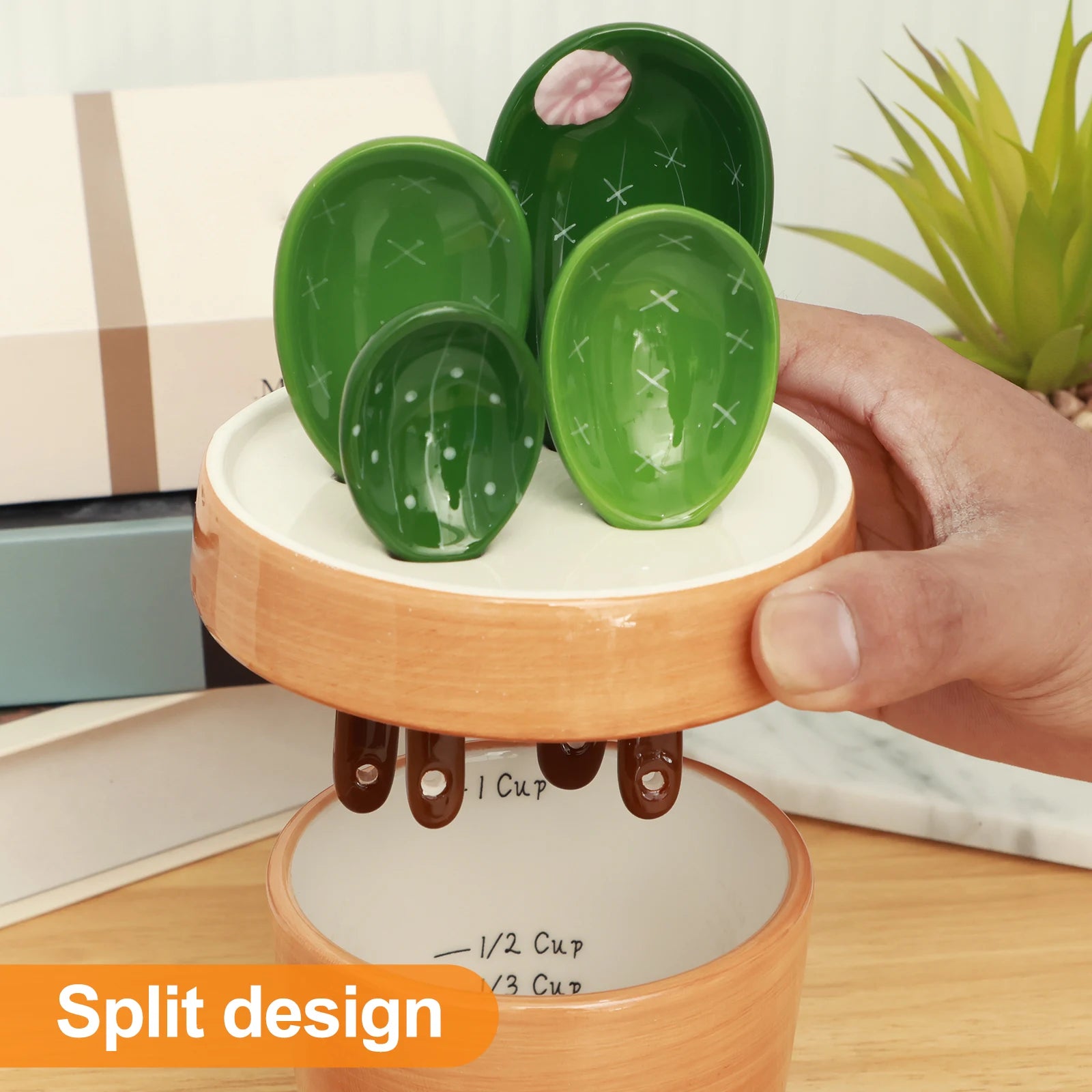4Pcs Porcelain Measuring Spoons Set with Base Cute Cactus Shape Stirring Soup Spoon Ceramic Flower Pot Measuring Spoon