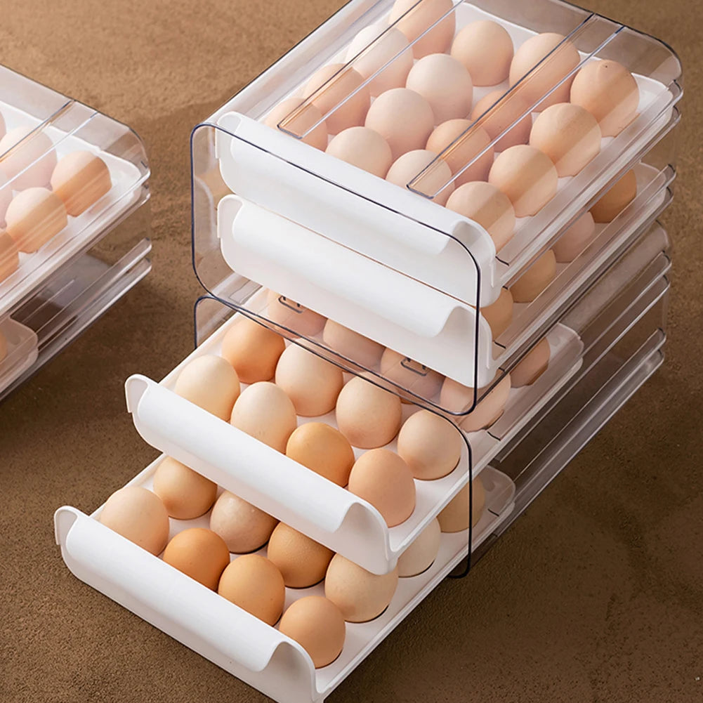 Double-Layer Egg Storage Drawer Box, Holds 32 Eggs, Transparent Body, Easy Access, White