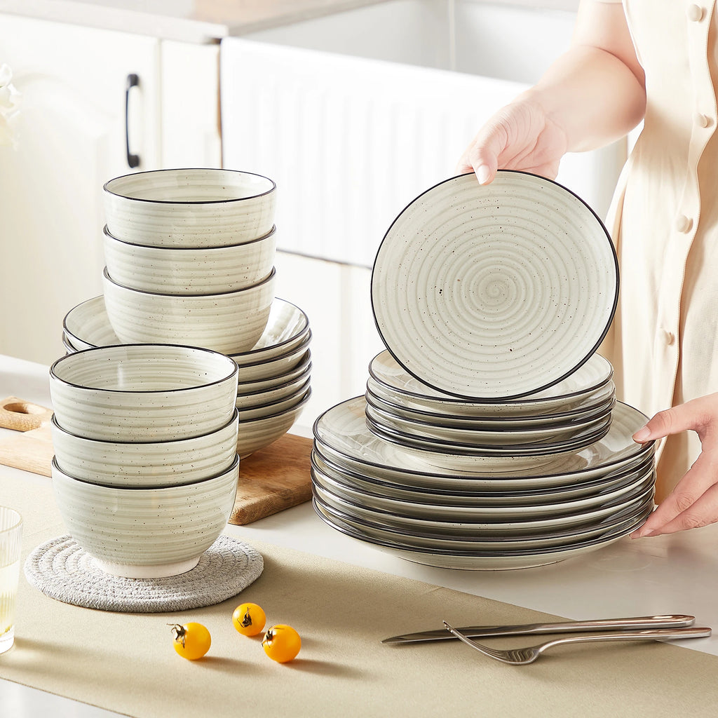 vancasso 24/48 Piece Beige Plates Dinner Sets Ceramic Dinnerware Sets Handpainted Spiral With 6 Dinner Plate/Dessert/Soup/Bowl